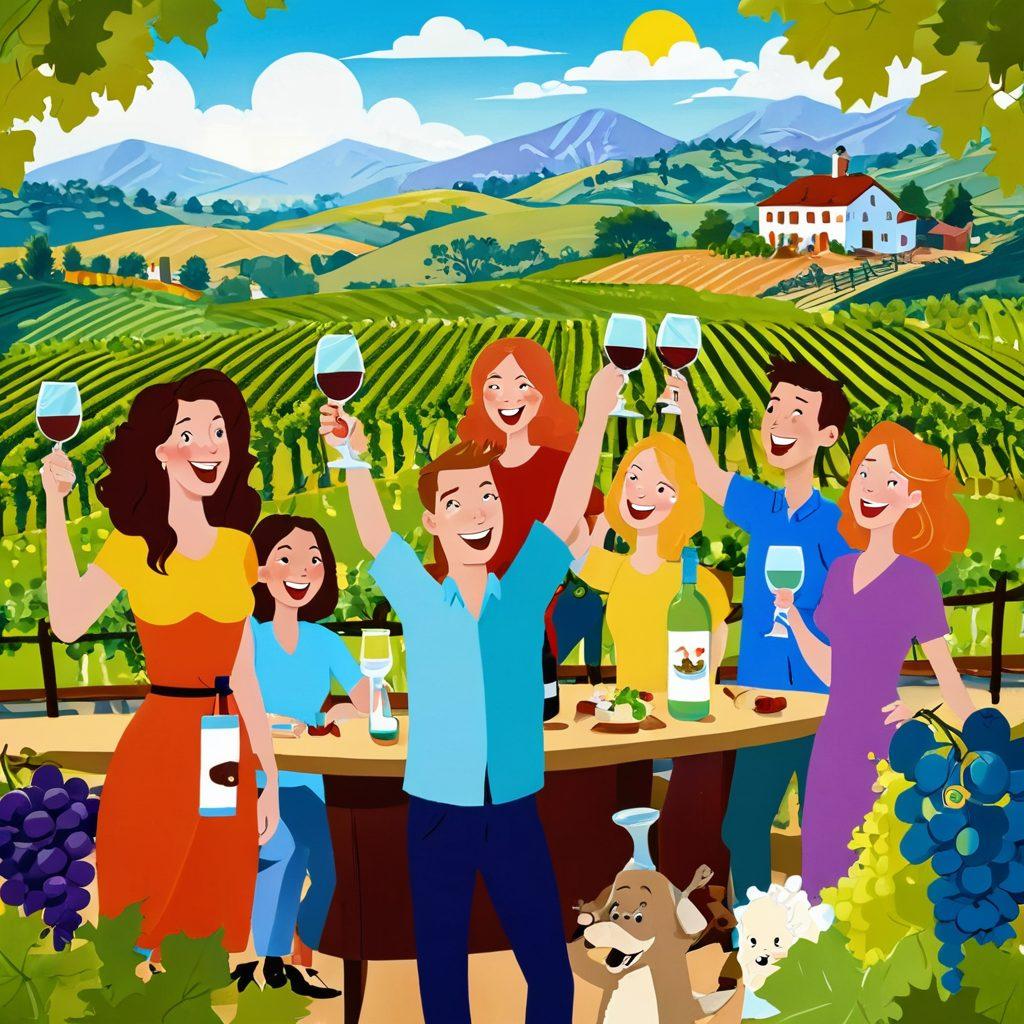 A whimsical scene depicting a group of friends cheerfully enjoying a sunny vineyard, wine glasses raised, surrounded by laughing cartoon characters featuring comical wine-themed jokes. The background showcases rolling hills of vineyards, with grapes and bottles scattered. Bright colors and playful cartoonish styles enhance the joyful atmosphere. vibrant colors. cartoon style. sunny outdoor setting.