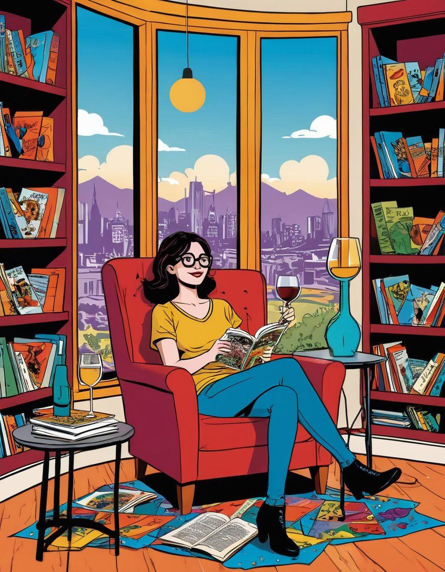 A whimsical scene featuring a cozy reading nook adorned with colorful graphic novels and wine bottles. A playful combination of a comic book character raising a wine glass, with laughter bubbles surrounding them. Soft, warm lighting to evoke a relaxed vibe, with wine glasses on a table and vibrant comic panels in the background. Illustrative style with bright colors and dynamic lines. vibrant colors. illustration.